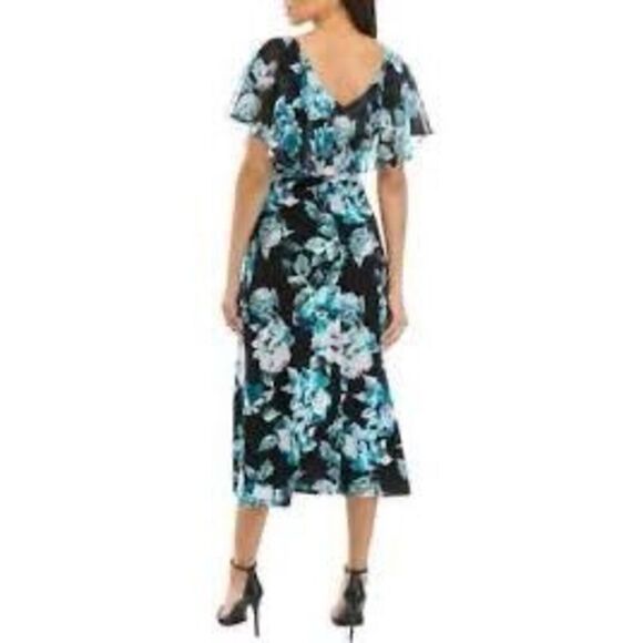 Connected Apparel 12 Ruffle Chest Floral Midi Dress Black Blue Wedding Guest NWT - Picture 2 of 15